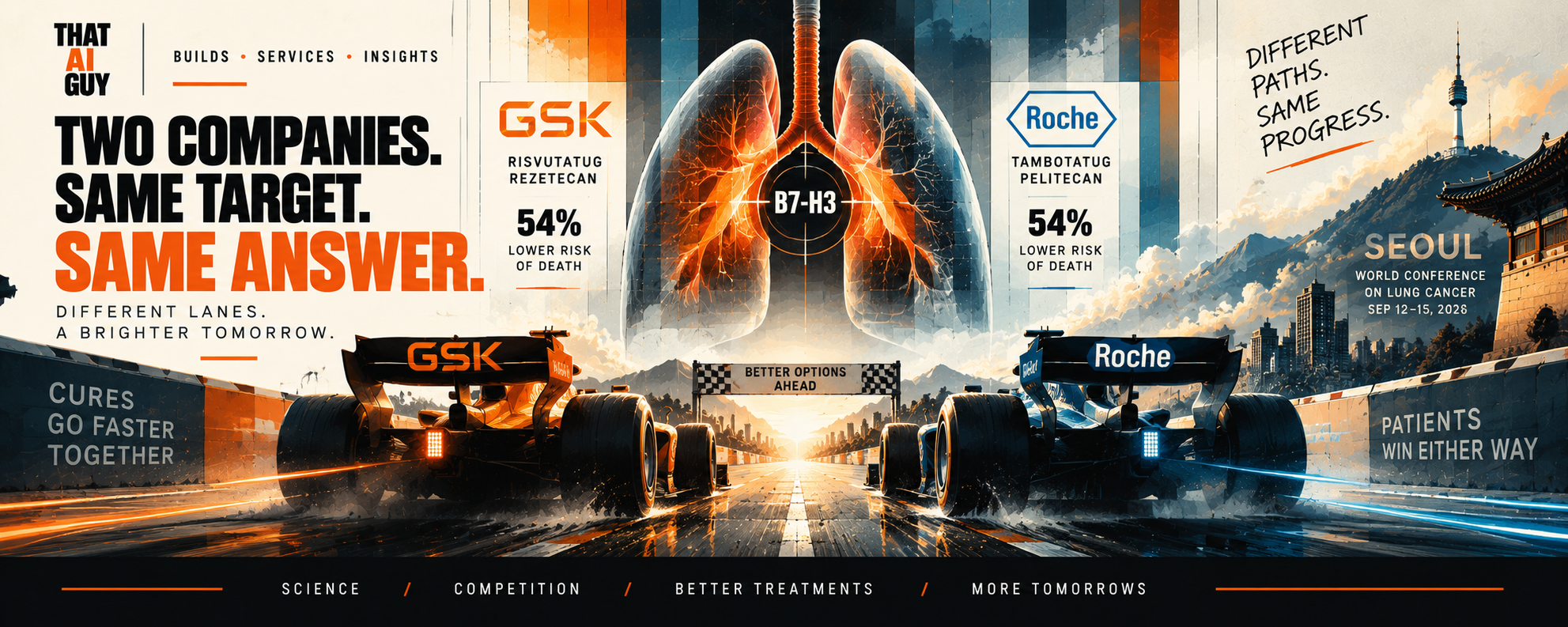 GSK and Roche race cars representing two lung cancer treatments reaching similar results against the B7-H3 target.